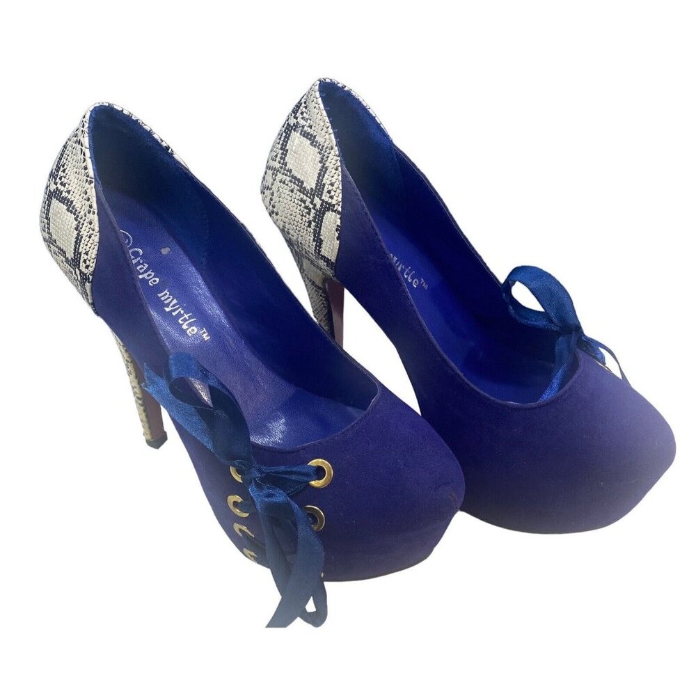 CRAPE MYRTLE Women Heels‎ Size 5.5 Blue Faux Suede Tie Accents Snake Print
